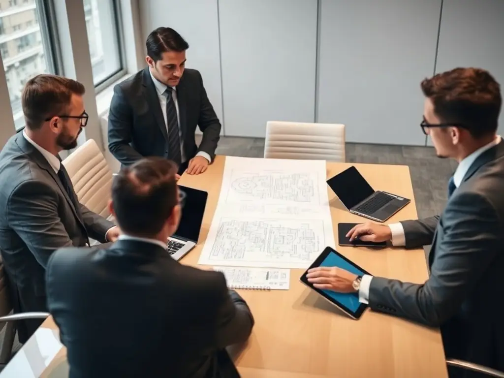 A team of security professionals collaborating with a client to design a custom security plan, with digital documents and secure facility blueprints visible on the table.