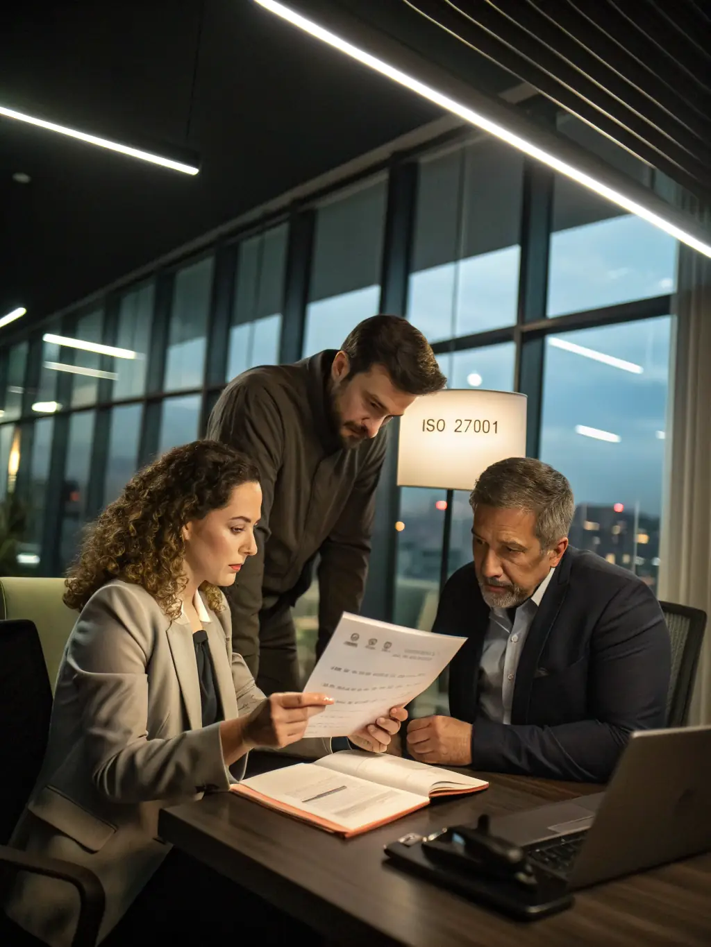 A compliance specialist reviewing official security documentation with a team in a professional office setting, preparing for a regulatory audit.