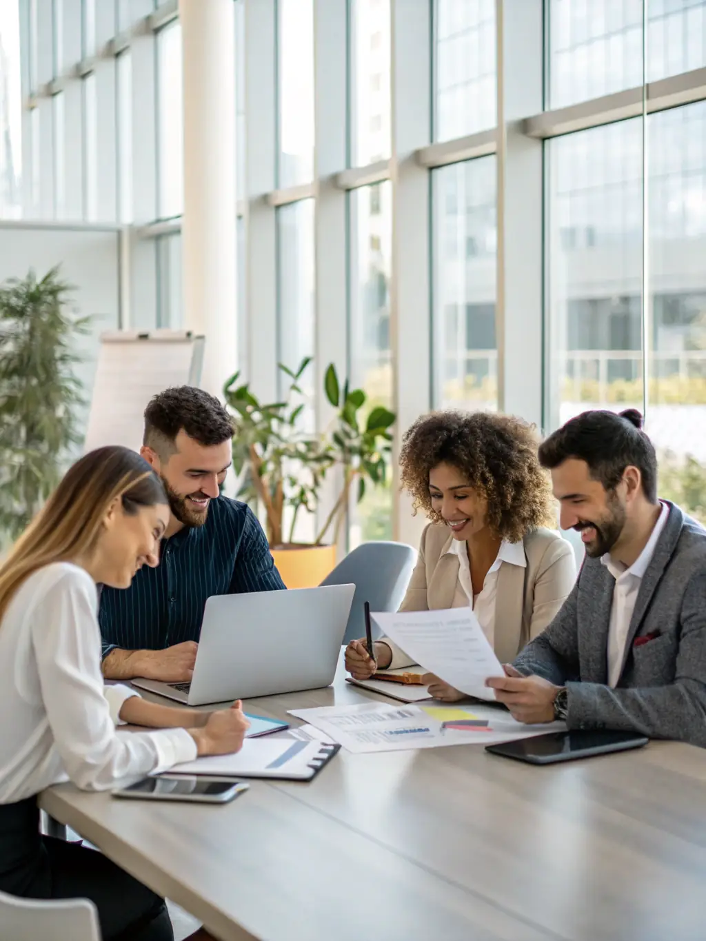 A group of business professionals in formal attire meeting in a secure government office, with visible security badges and compliance documents on the table, representing government contractors seeking security consulting.