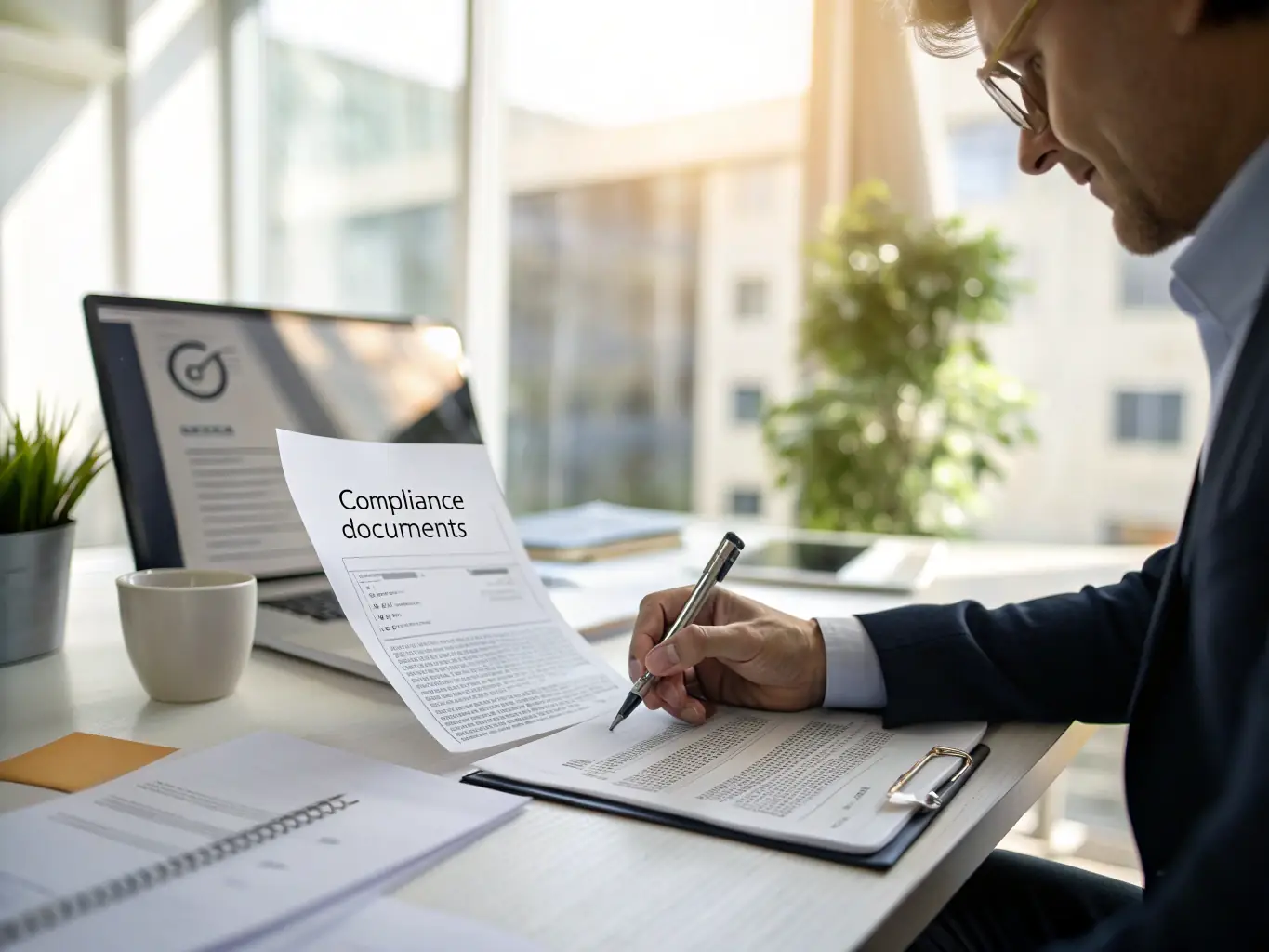A compliance officer conducting an audit with a checklist and secure files in a modern office, emphasizing attention to detail and regulatory focus.