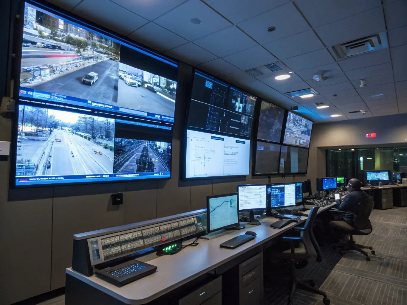 A professional photograph of a business security operations center with multiple monitors displaying compliance checklists, secure facility blueprints, and personnel access logs, set in a modern, well-lit office environment.