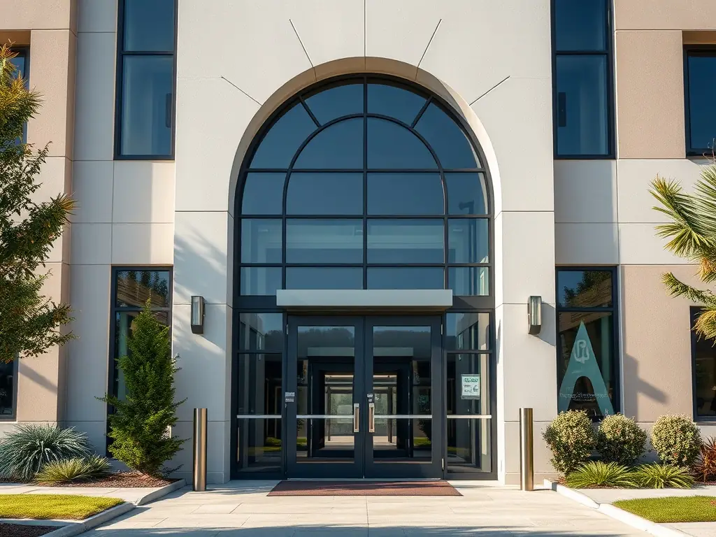 A high-quality image of a secure facility entrance with electronic access control, a security professional verifying credentials, and visible surveillance cameras, conveying a sense of controlled, professional security.