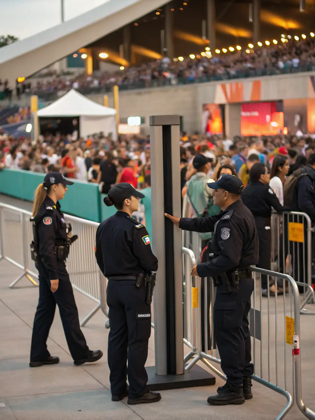 Security personnel in uniform conducting access control at a secure government facility entrance, verifying credentials and ensuring only authorized personnel enter.