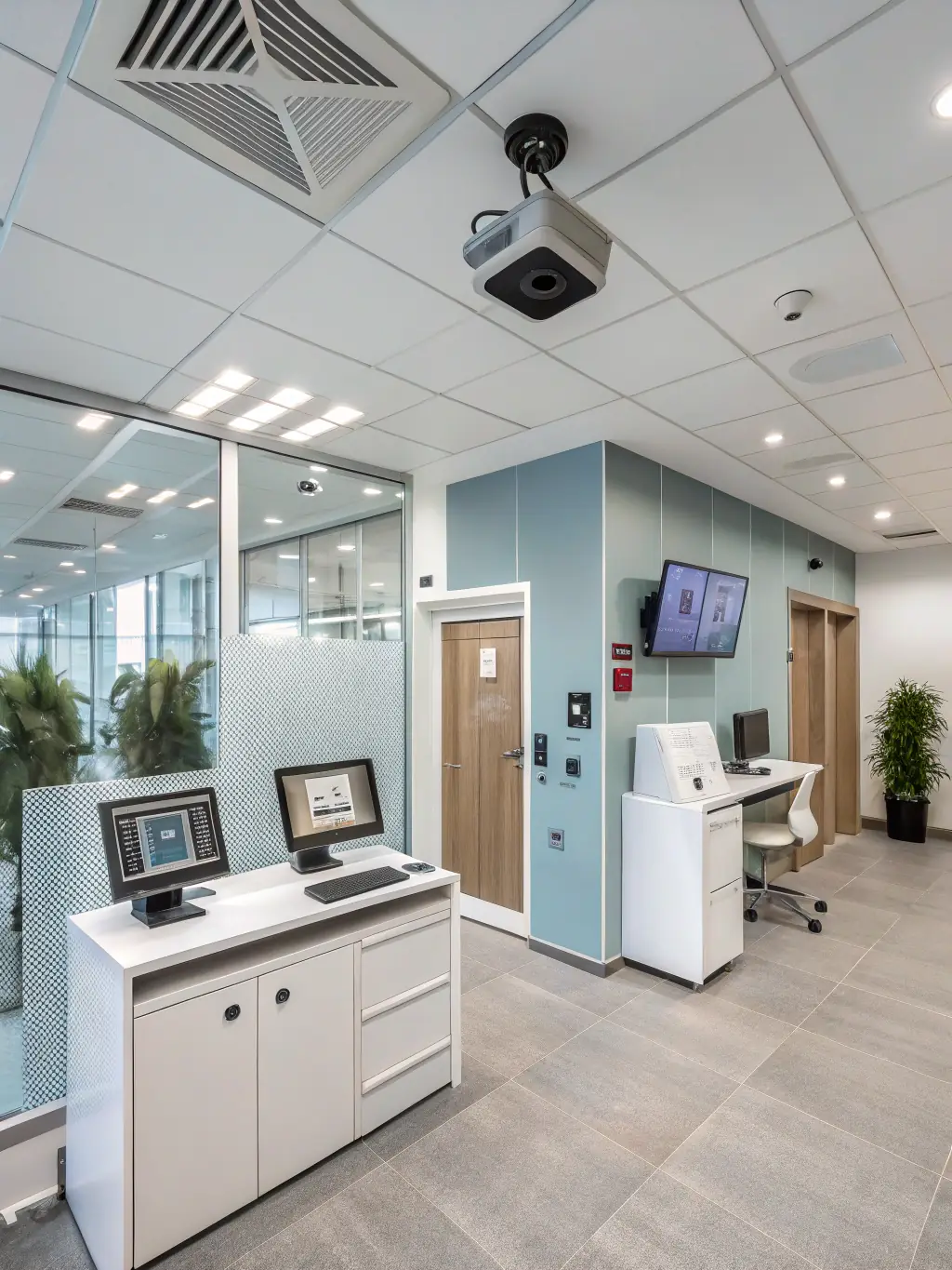 A team of security-cleared professionals collaborating in a modern, access-controlled facility, with visible security credentials and secure entry points.