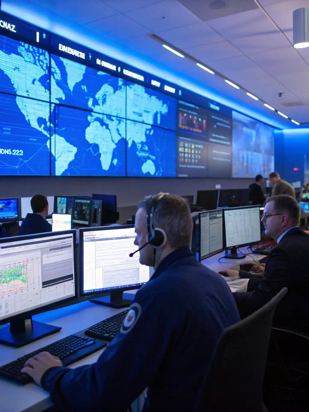 A modern security operations center with professionals monitoring multiple screens, overseeing facility security and managing compliance protocols in a corporate environment.