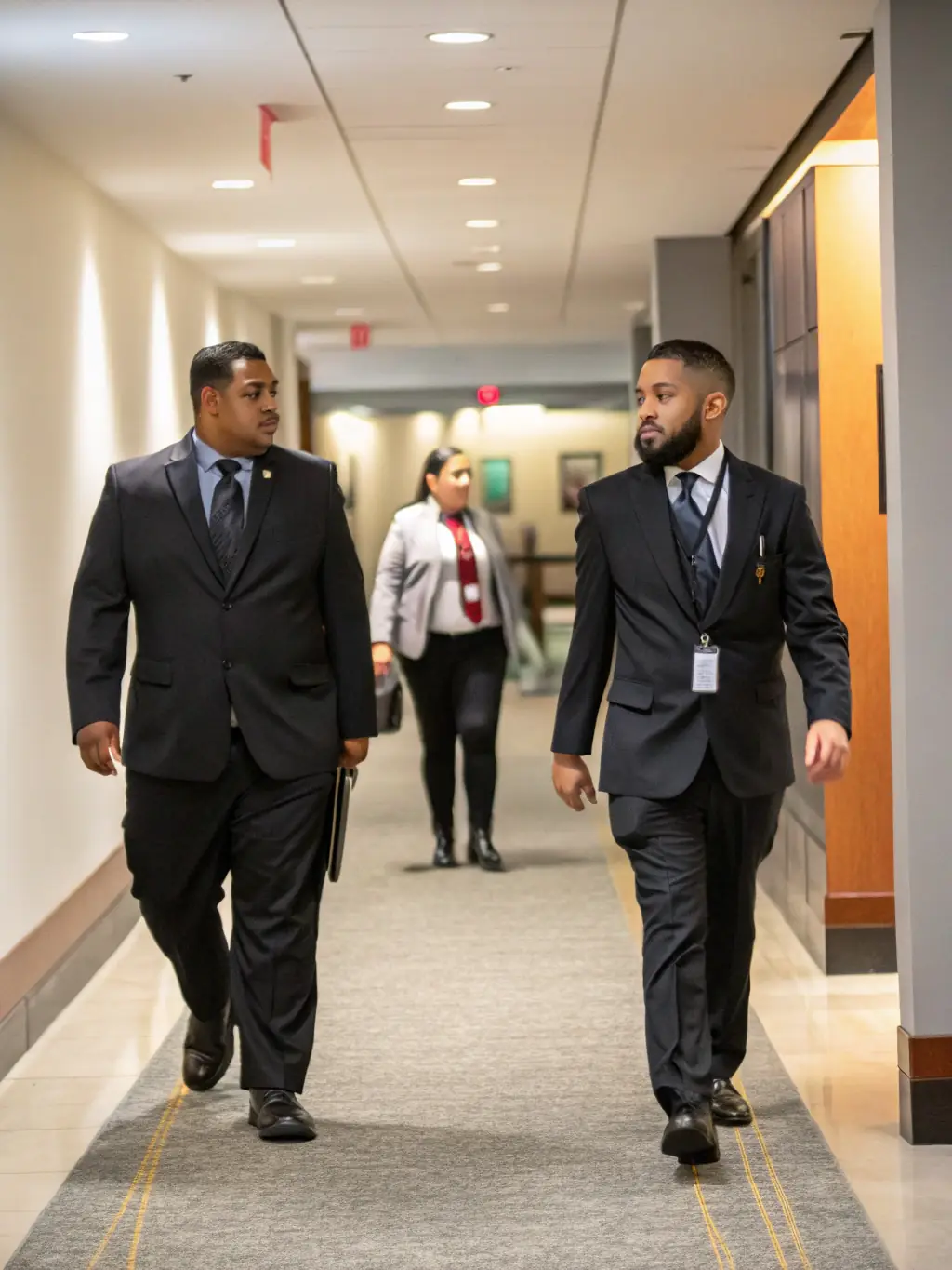 A security professional patrolling a well-lit, modern facility, demonstrating physical security measures and personnel protection in action.