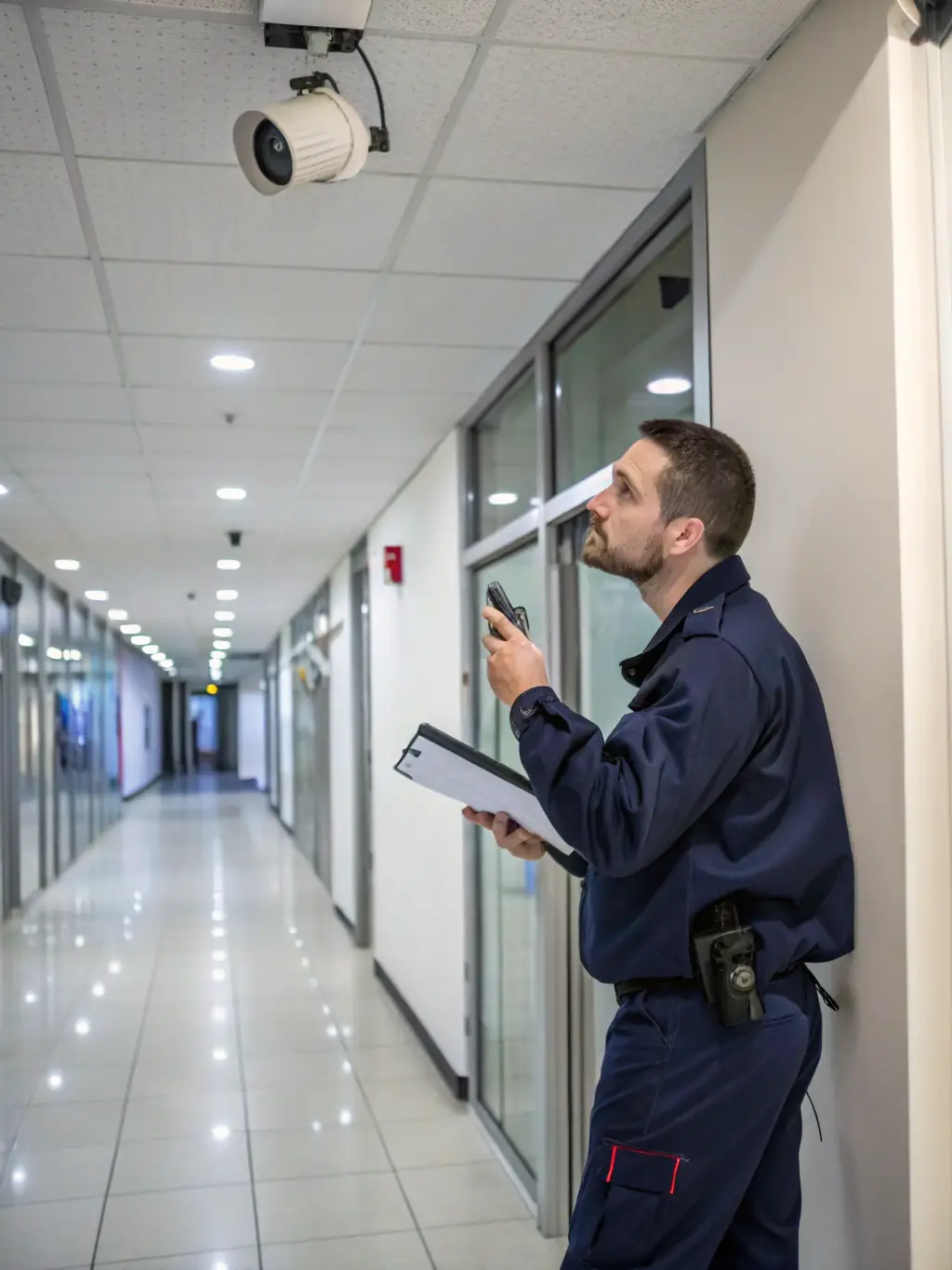 A professional security consultant conducting an on-site assessment at a corporate office, reviewing access control systems and compliance checklists.